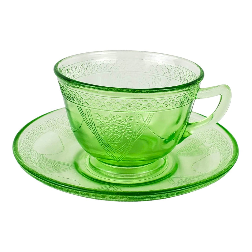 Vintage Green Depression Glass - Georgian Lovebirds by Federal Glass Teacup & Saucer