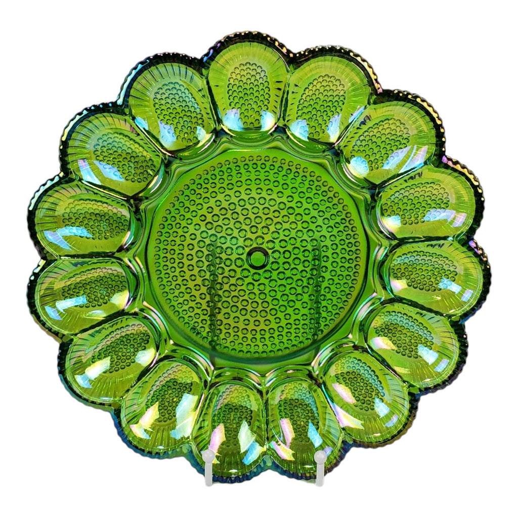 Green Carnival Glass Deviled Egg Dish - SOLD