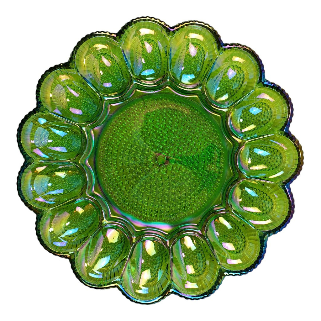 Green Carnival Glass Deviled Egg Dish - SOLD