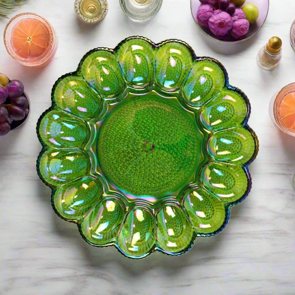 Green Carnival Glass Deviled Egg Dish - SOLD