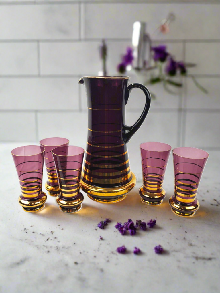 Vintage Amethyst Colored Pitcher with 5 Glasses