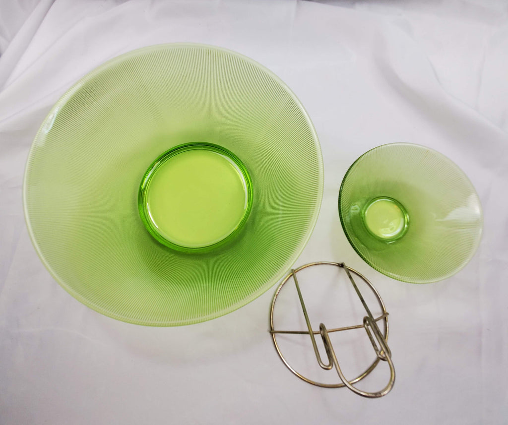 Vintage Federal Glass MCM Norse Limelight Green Ribbed Dip Bowl Set - 3 Piece