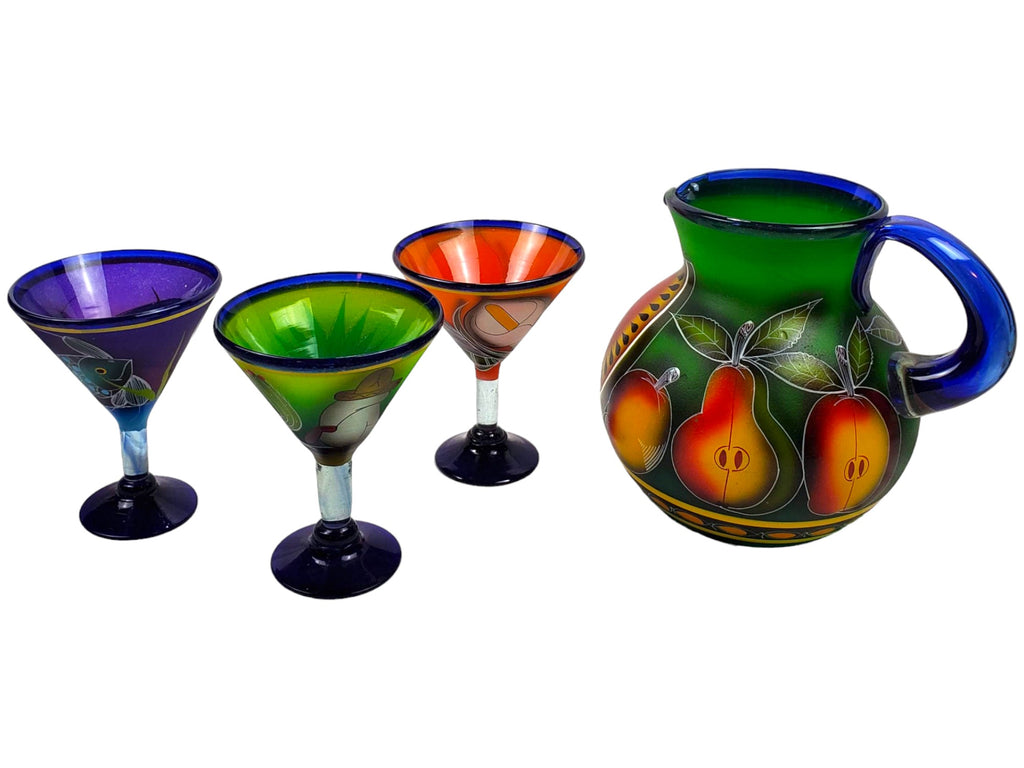 Mexican Hand Blown Glass-Hand Painted Pitcher with 3 Large Glasses
