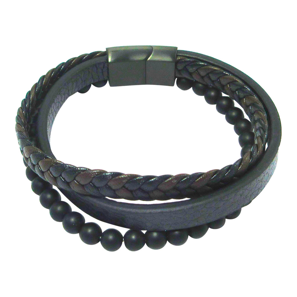 Stainless Steel Leather Bracelet With Lava Stone Beads