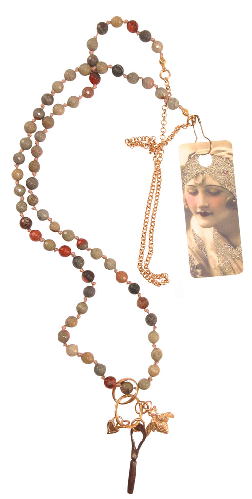 Hot Rocks Jewellery - Jasper Beads with Artisan Bee and Antique Pocket Watch Key